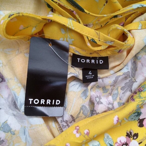 Torrid Sz 4 4X 26 Yellow Strappy SS Sharkbite Baby Doll Challis Dress Floral New - Picture 4 of 4